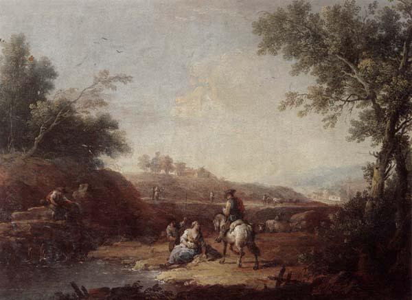 Giuseppe Zais An italianate landscape with fishermen and travellers resting beside a pool France oil painting art